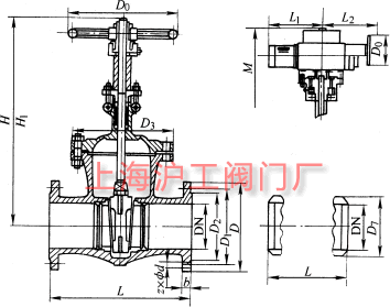 DKZ940H、DKZ940Y、DKZ960Y 型 PN16~PN63 真空閘閥主要外形及結(jié)構(gòu)尺寸示意圖