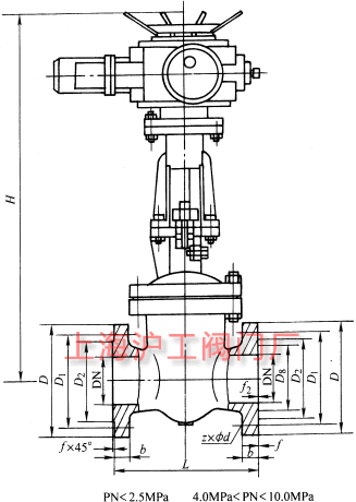 DKZ941H、DKZ941Y 型 PN10~PN100 鋼制真空閘閥主要外形及結構尺寸示意圖