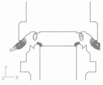 圖 1-10 安全閥內(nèi)部流場(chǎng)中的馬赫數(shù)等值線圖